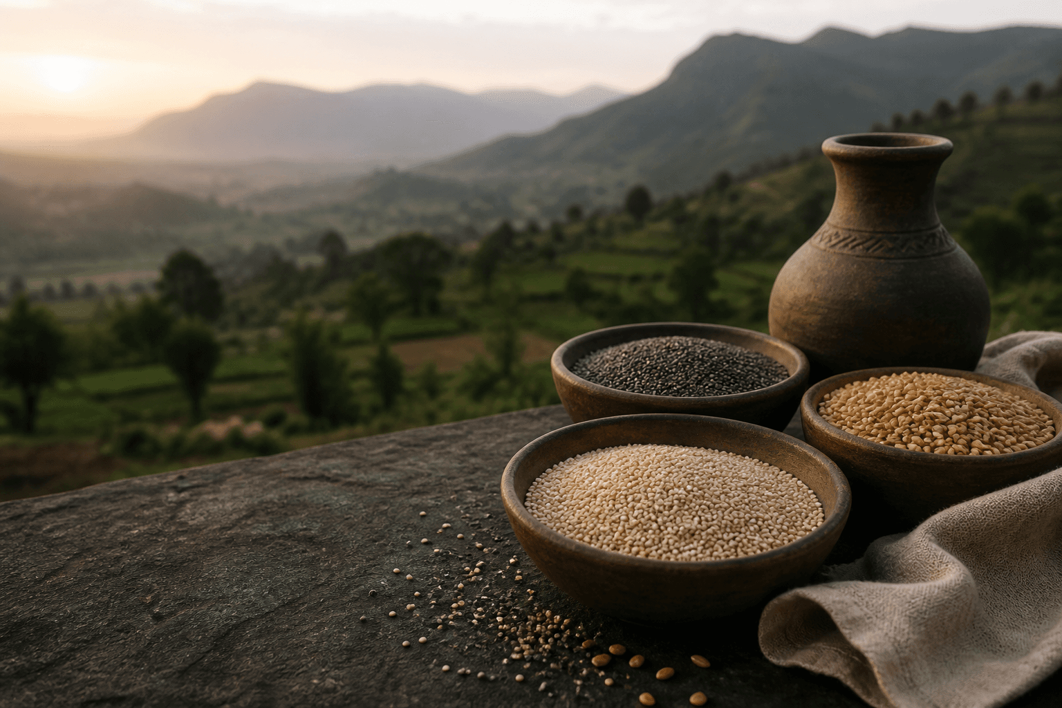 Bowls of grains arranged in an Ethiopian highland setting
