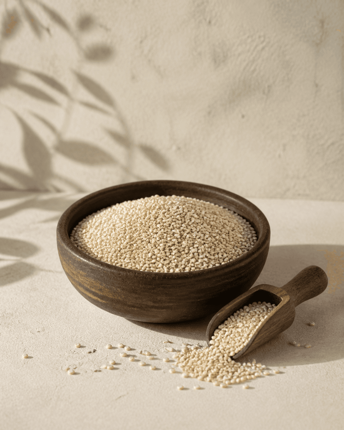Pale grains in an earthen bowl