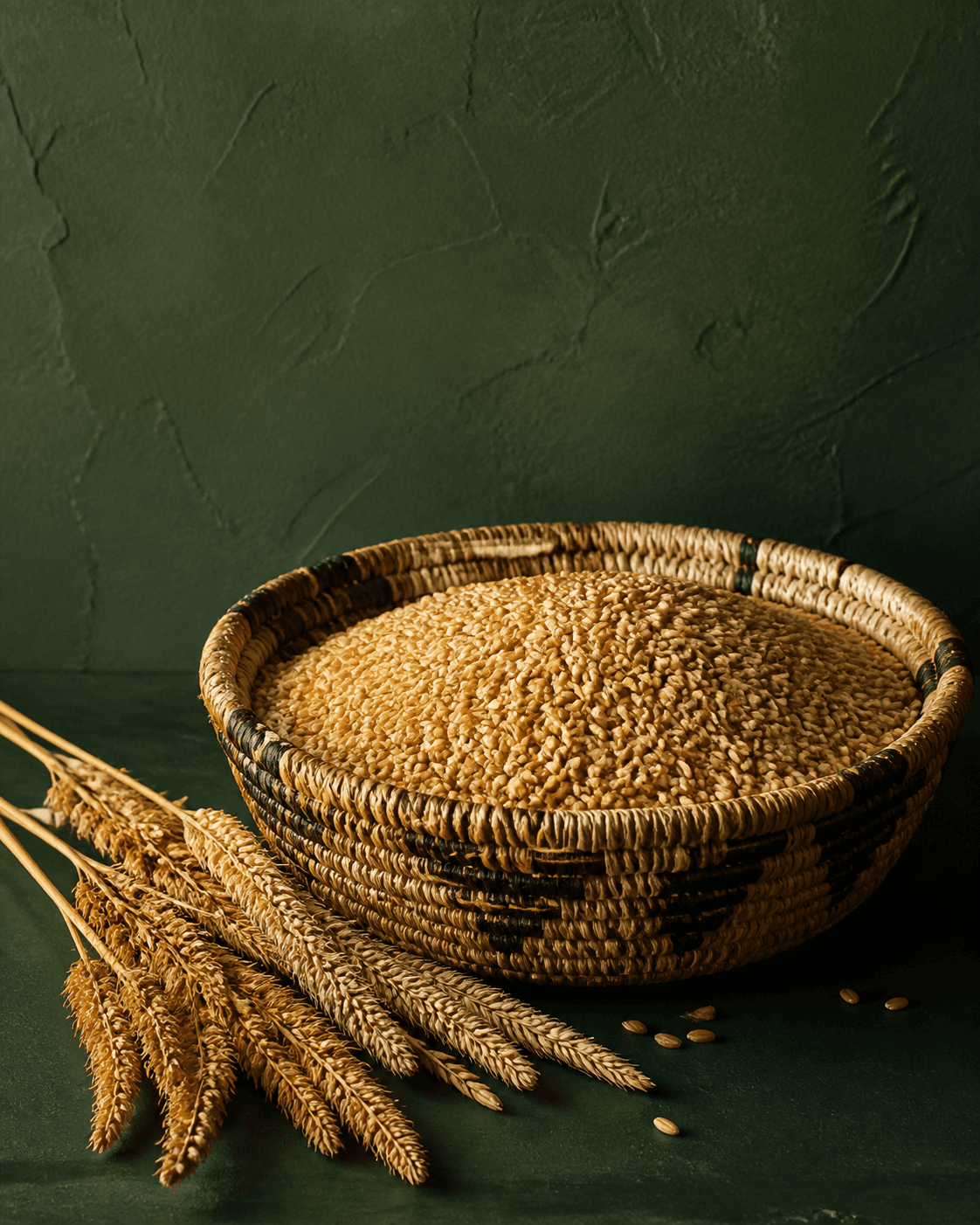Golden whole grains in a woven basket
