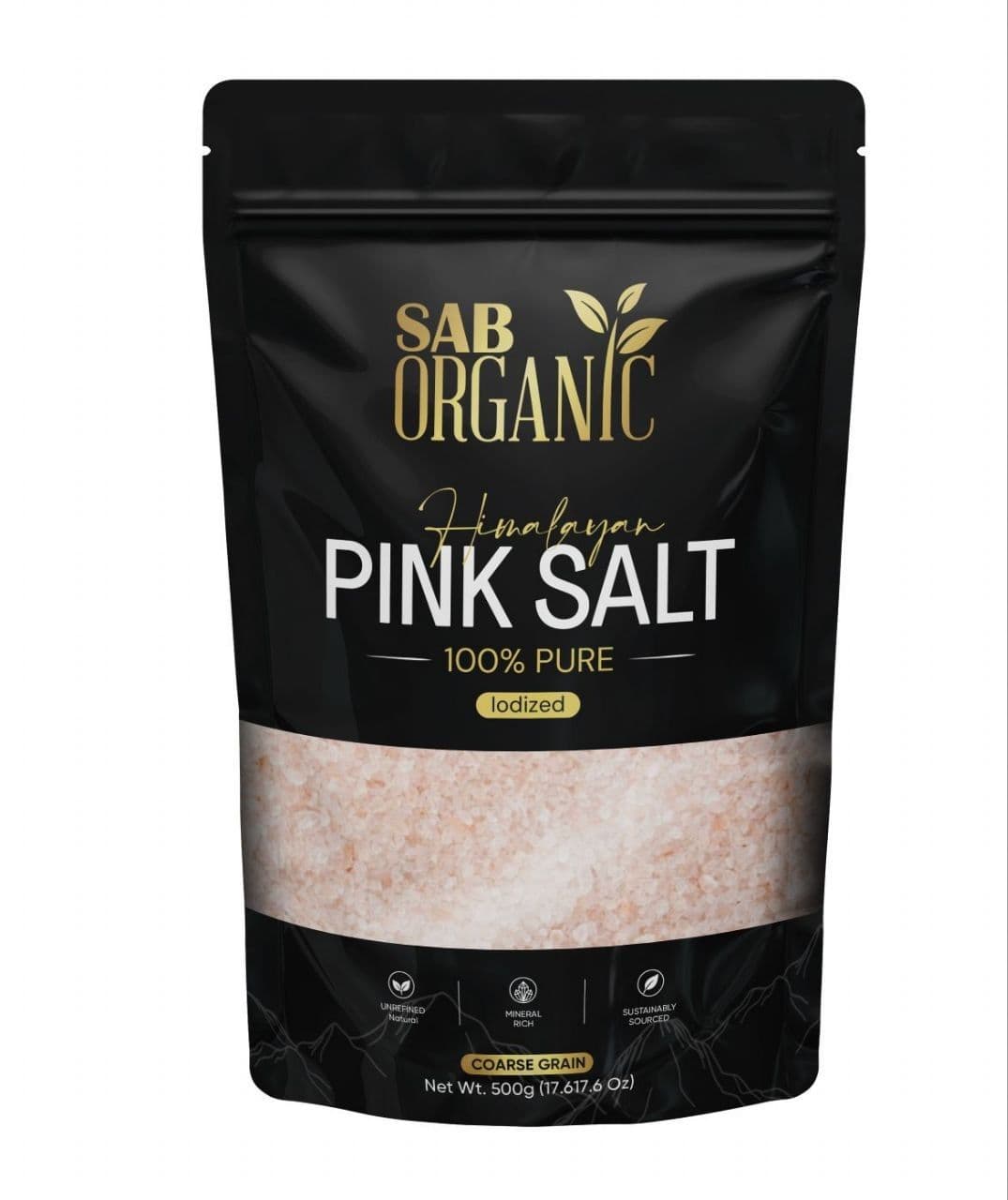SAB Organic Himalayan Pink Salt pouch labelled 100% pure, iodized and coarse grain.