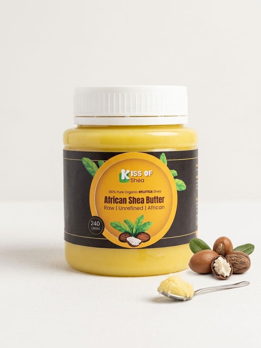 KISS of Shea African Shea Butter 240g jar beside shea nuts and a spoon of shea butter.
