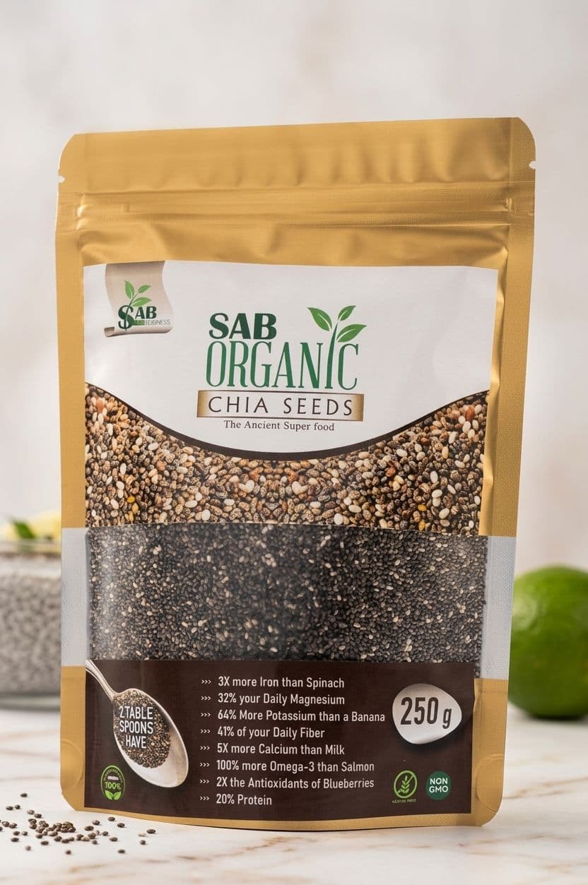SAB Organic Chia Seeds gold pouch labelled 250g, photographed on a light surface.